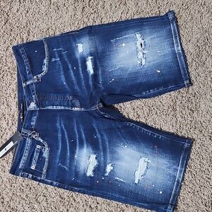 NWT 7TH HVN Jean Shorts Distressed Paint Stretch Blue Denim 36 Jorts Stretch